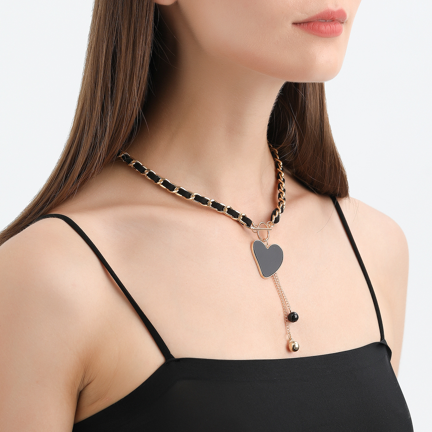 Love Heart Charms Black Velvet Wrapped Gold Chain Choker & Tassel Necklace