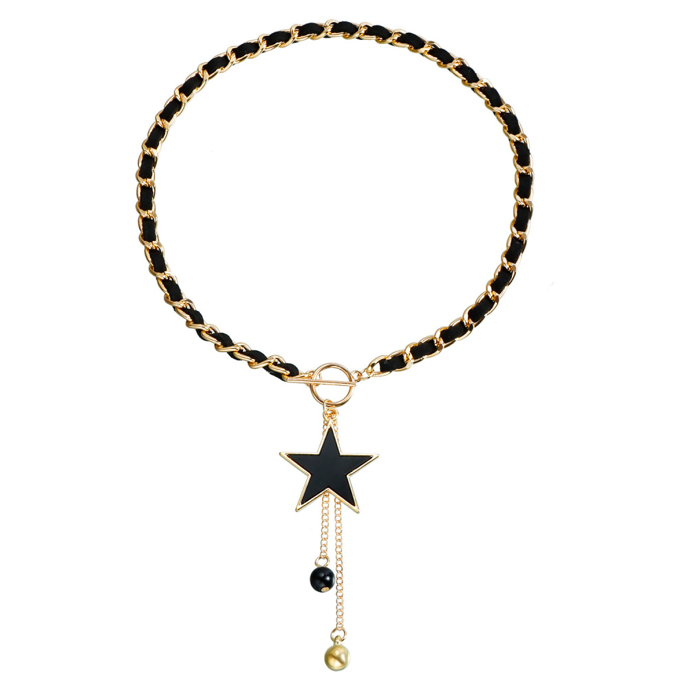 Love Heart Charms Black Velvet Wrapped Gold Chain Choker & Tassel Necklace