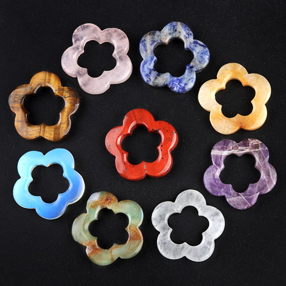 Handmade Craved Tiger's eye 30mm Plum Blossom Gemstone Ornament Home Decoration Hollowed Flower Pendant for Making Jewelry