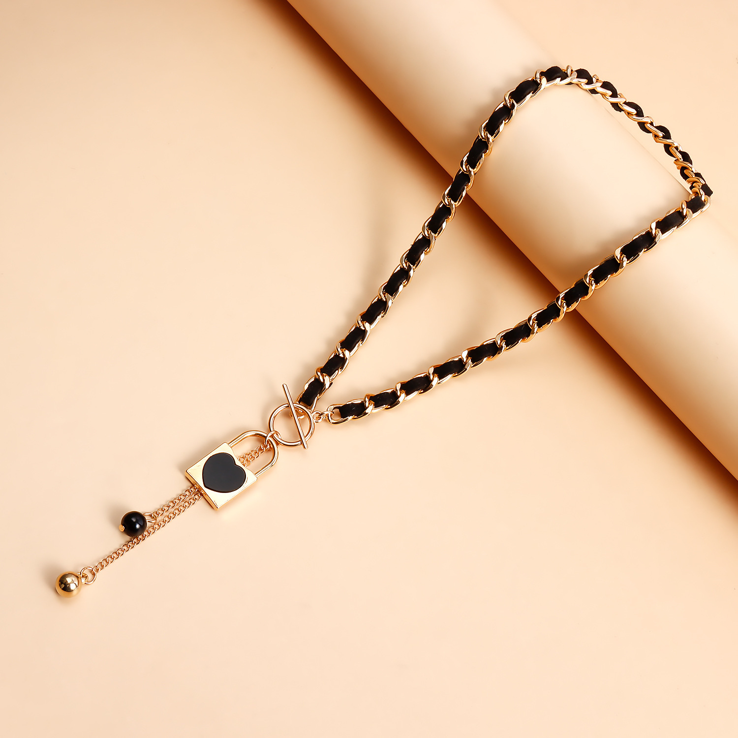 Lock Charms Black Velvet Wrapped Gold Chain Choker & Tassel Necklace