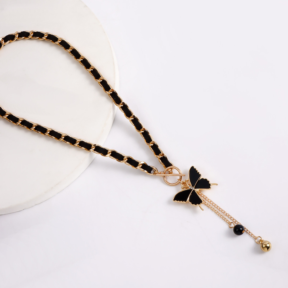 Butterfly Charms Black Velvet Wrapped Gold Chain Choker & Tassel Necklace