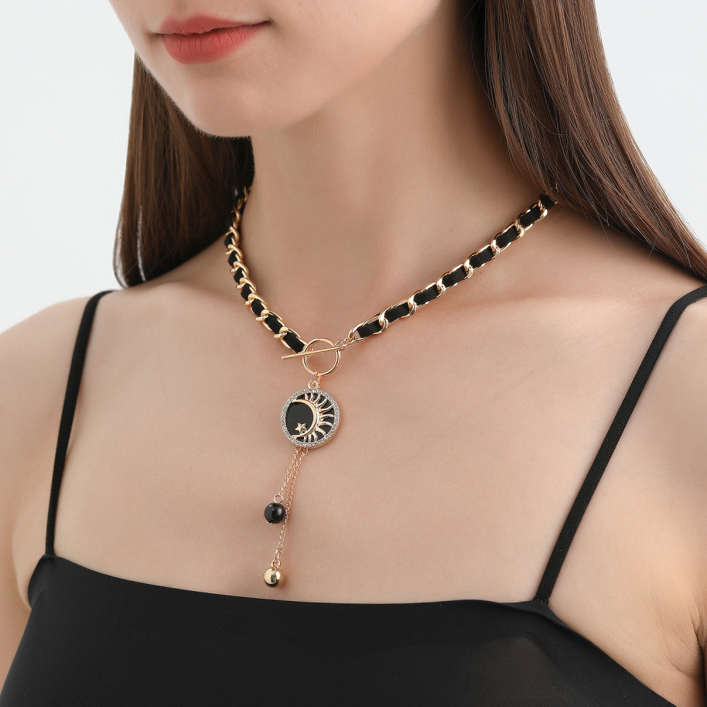 Moon Charms Black Velvet Wrapped Gold Chain Choker & Tassel Necklace
