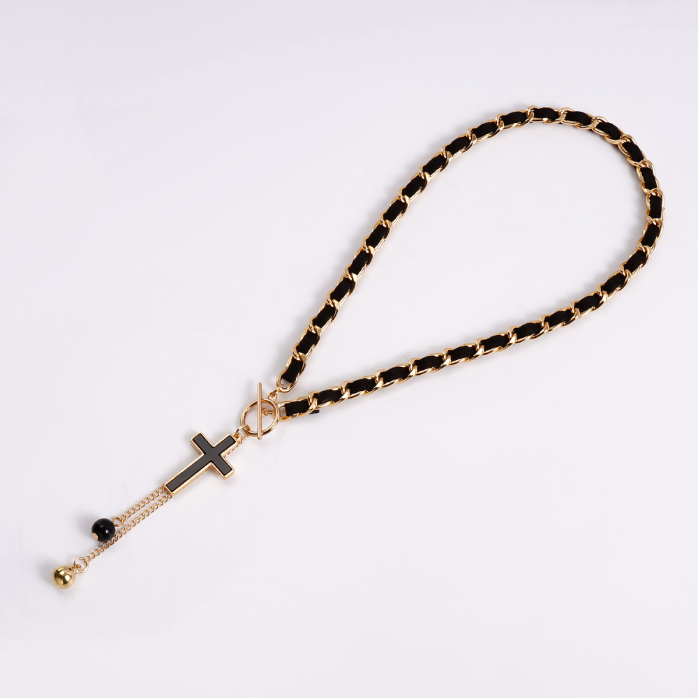 Cross Charms Black Velvet Wrapped Gold Chain Choker & Tassel Necklace