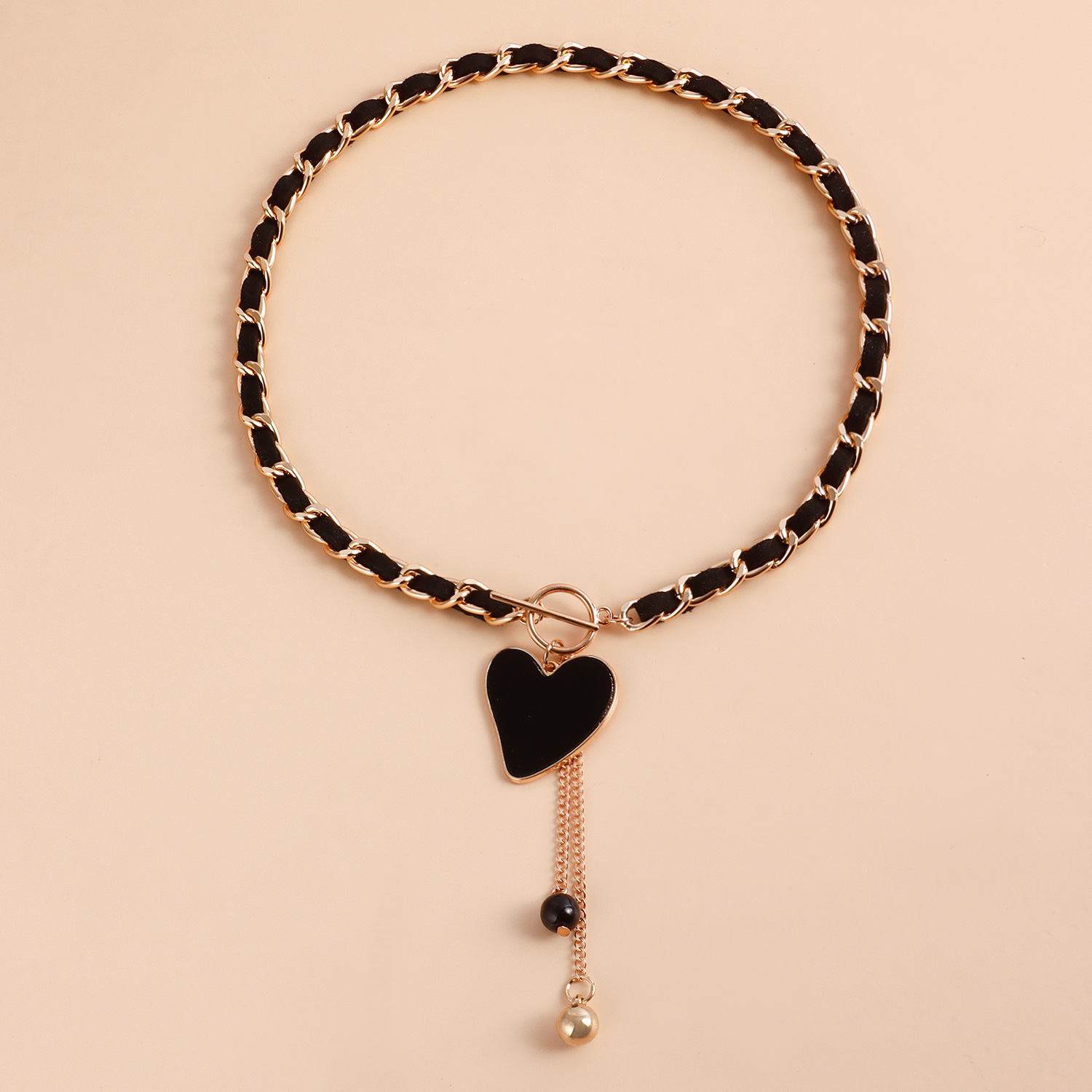 Love Heart Charms Black Velvet Wrapped Gold Chain Choker & Tassel Necklace