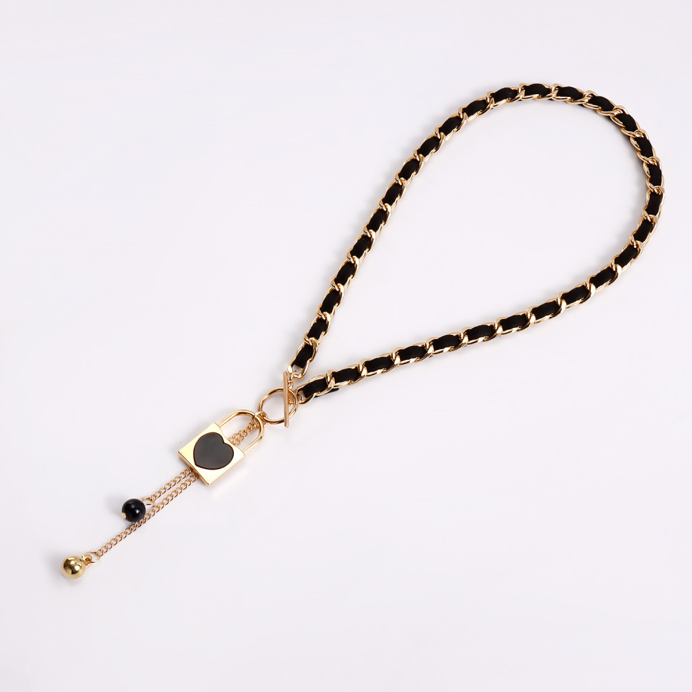 Lock Charms Black Velvet Wrapped Gold Chain Choker & Tassel Necklace