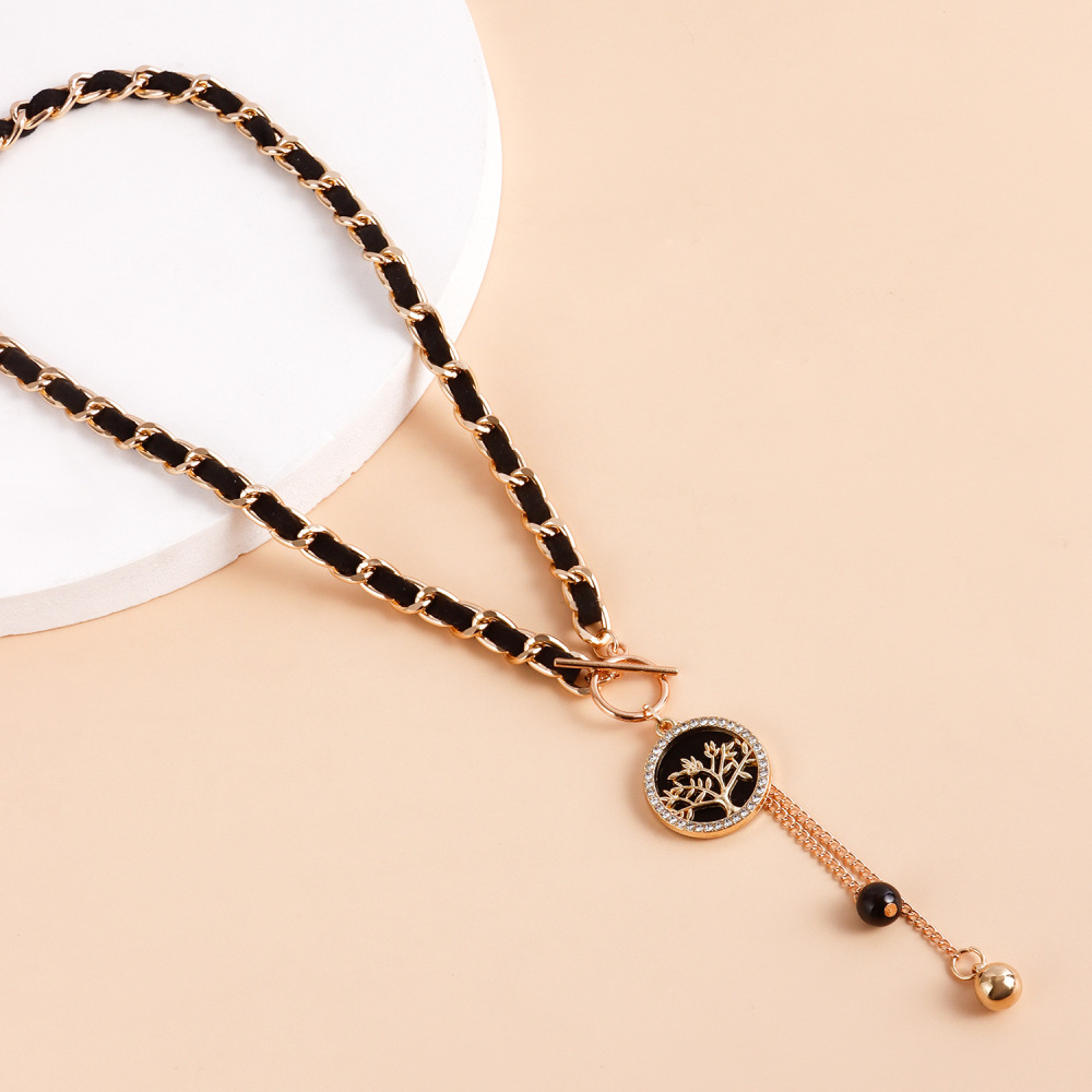 Life of Tree Charms Black Velvet Wrapped Gold Chain Choker & Tassel Necklace