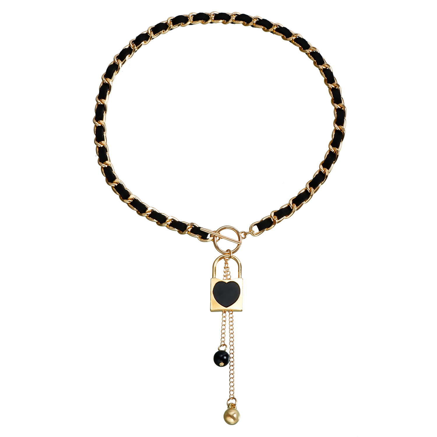 Love Heart Charms Black Velvet Wrapped Gold Chain Choker & Tassel Necklace