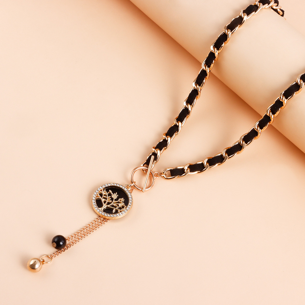 Life of Tree Charms Black Velvet Wrapped Gold Chain Choker & Tassel Necklace