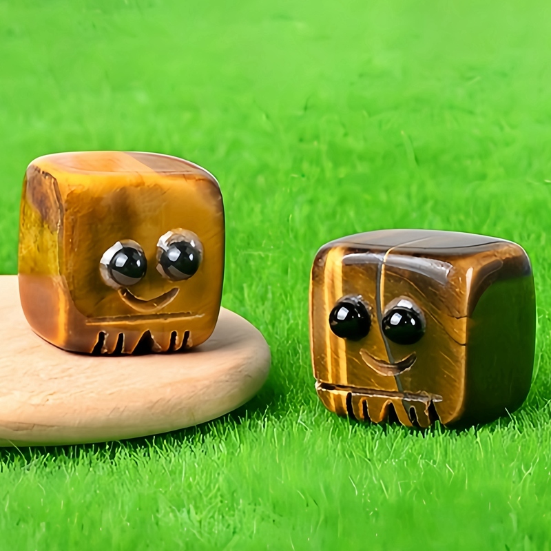 Yellow Tiger Eye Cube Gemstone Block Spirit "I'm here for you Handmade Craved 20MM Square Ornaments Home Decoration