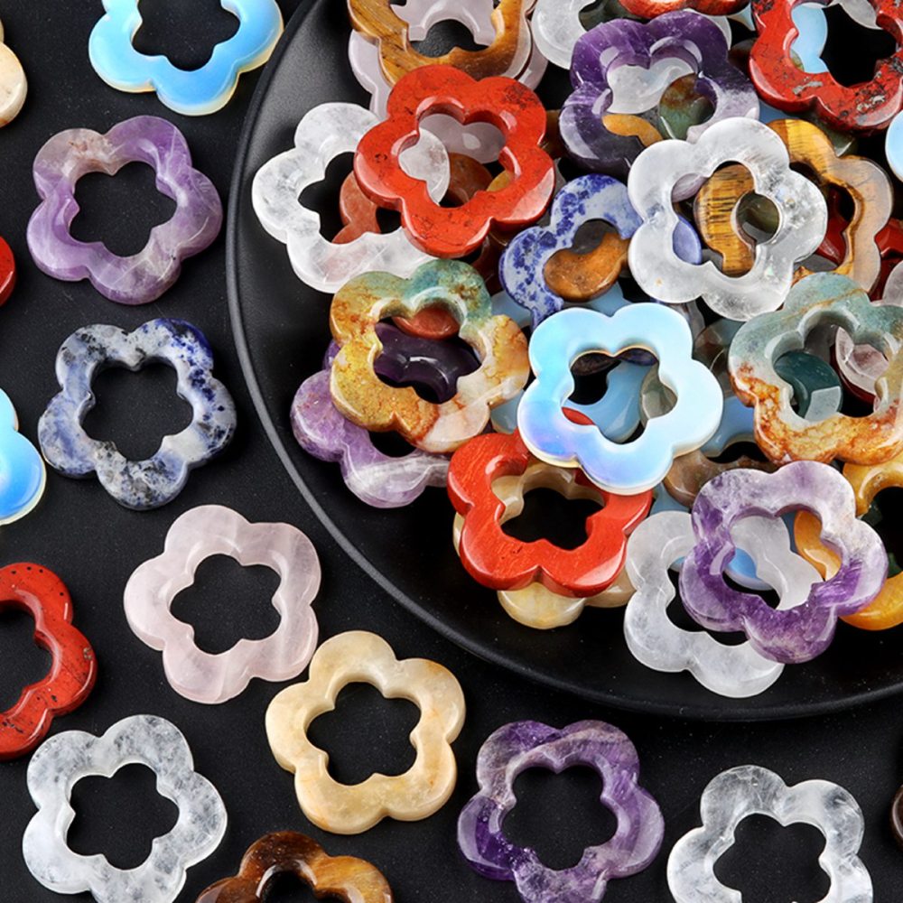 Handmade Craved Tiger's eye 30mm Plum Blossom Gemstone Ornament Home Decoration Hollowed Flower Pendant for Making Jewelry