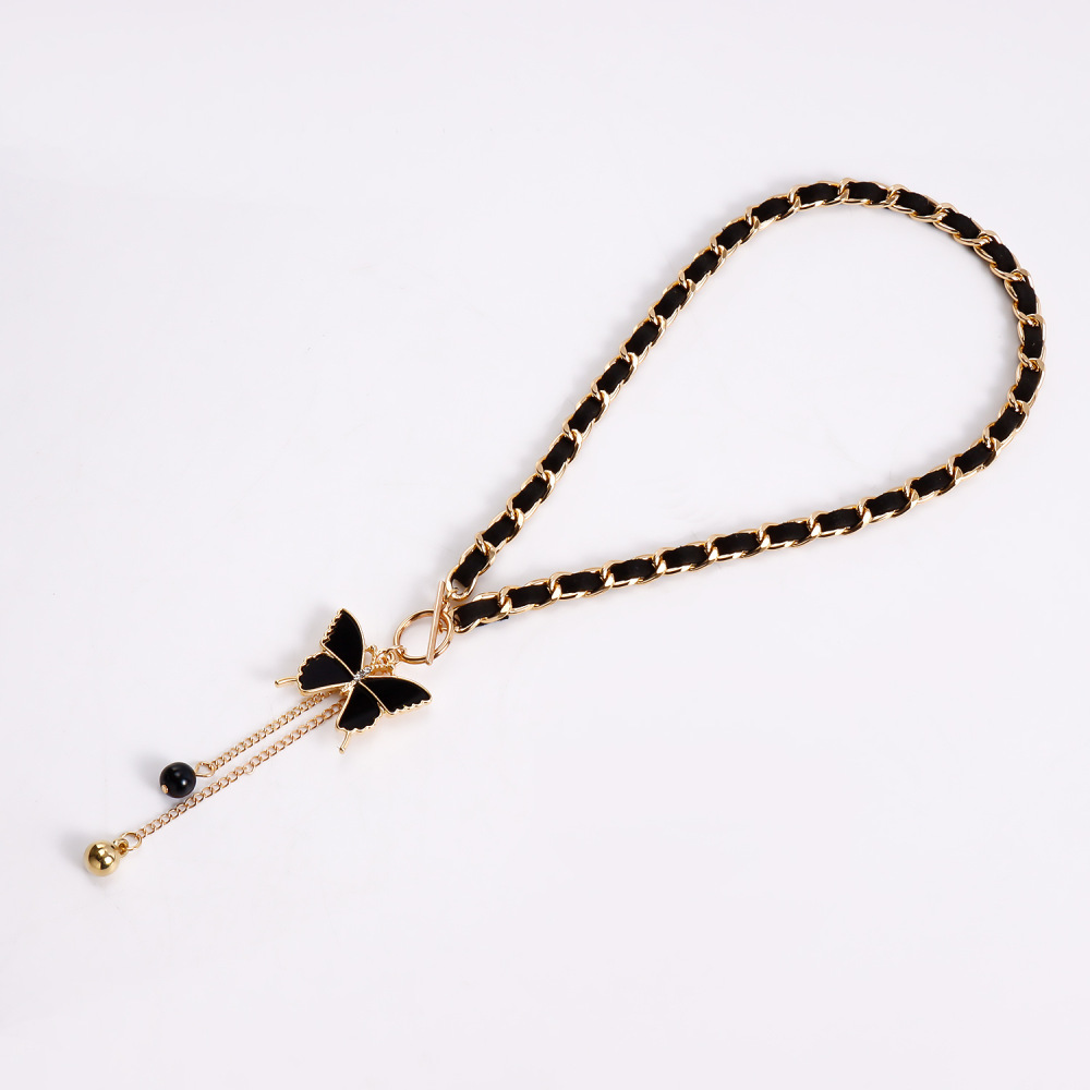 Butterfly Charms Black Velvet Wrapped Gold Chain Choker & Tassel Necklace