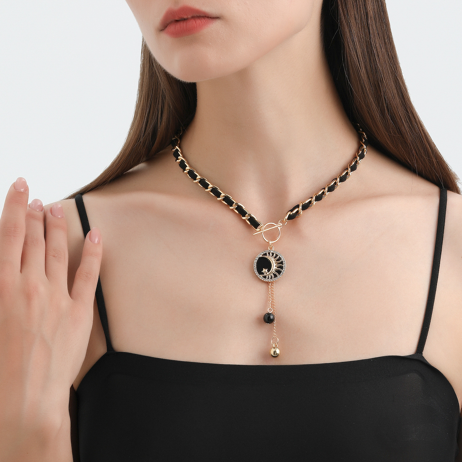 Moon Charms Black Velvet Wrapped Gold Chain Choker & Tassel Necklace