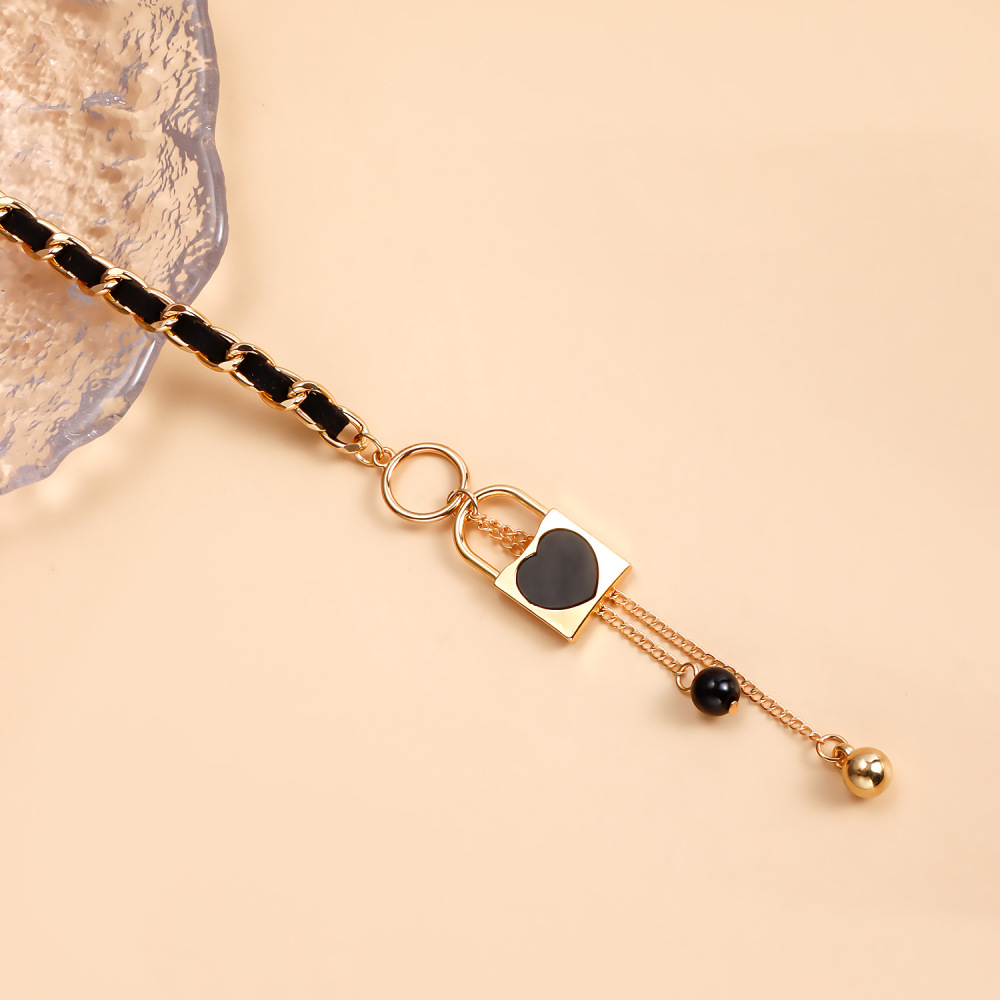 Lock Charms Black Velvet Wrapped Gold Chain Choker & Tassel Necklace