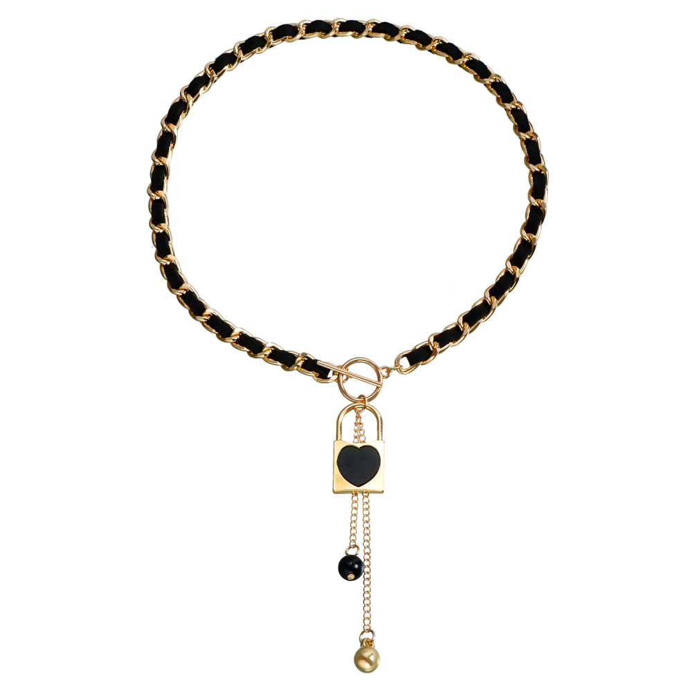 Love Heart Charms Black Velvet Wrapped Gold Chain Choker & Tassel Necklace