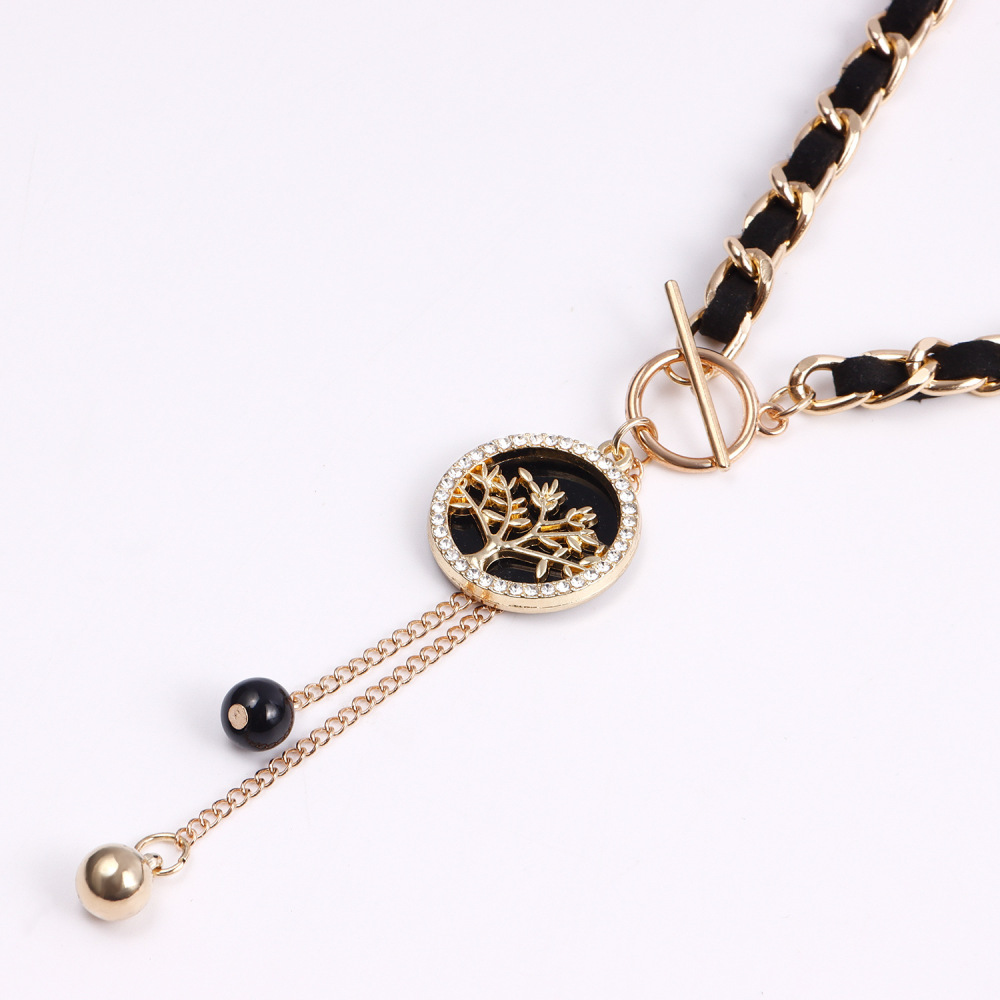 Life of Tree Charms Black Velvet Wrapped Gold Chain Choker & Tassel Necklace