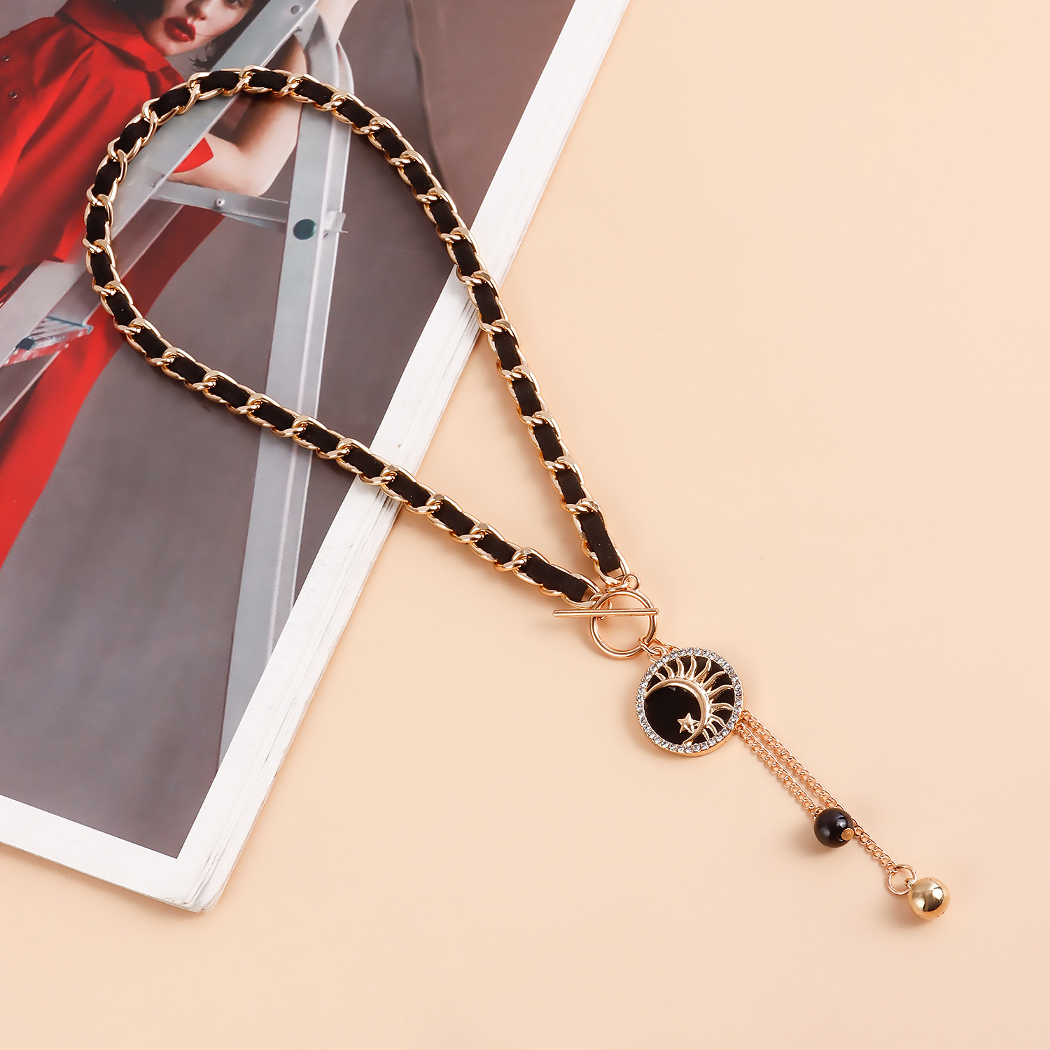 Moon Charms Black Velvet Wrapped Gold Chain Choker & Tassel Necklace