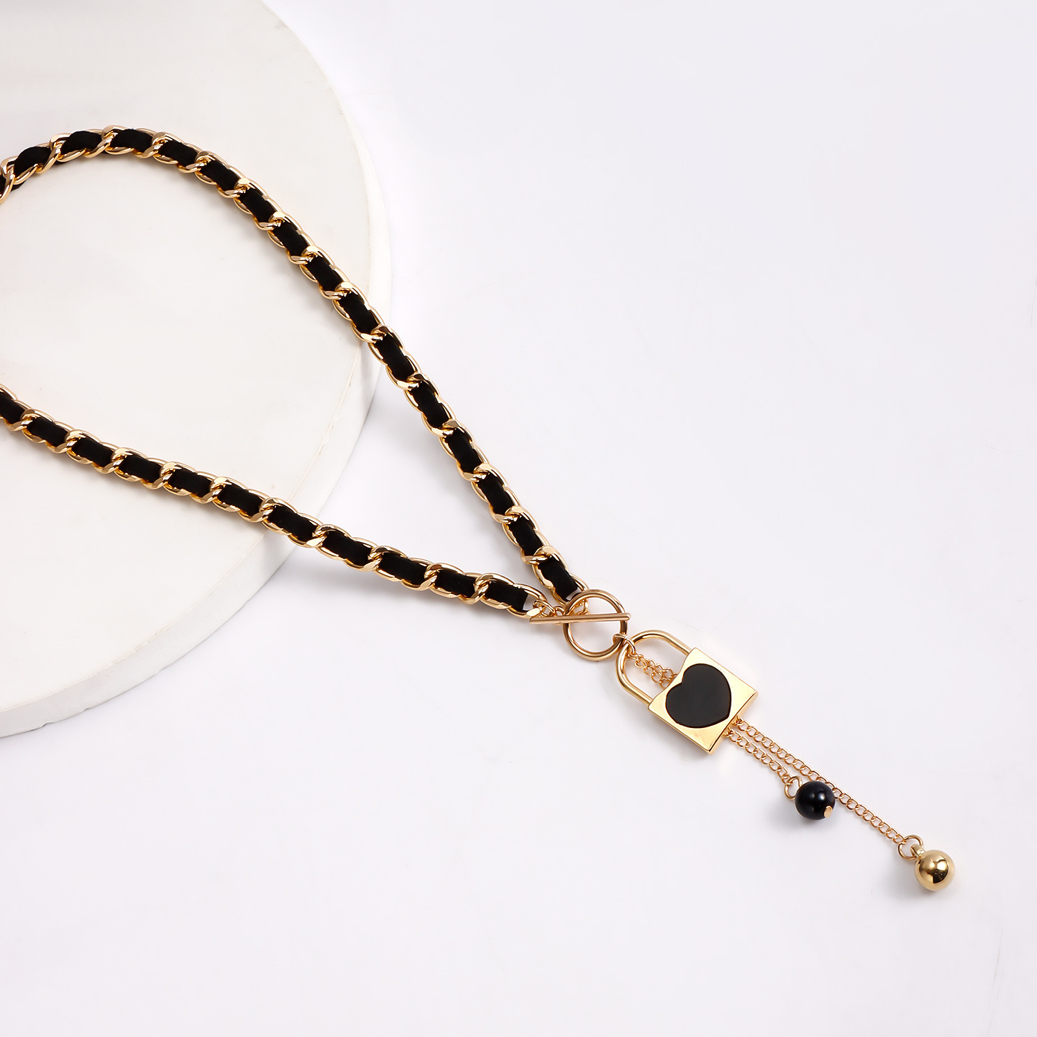 Lock Charms Black Velvet Wrapped Gold Chain Choker & Tassel Necklace