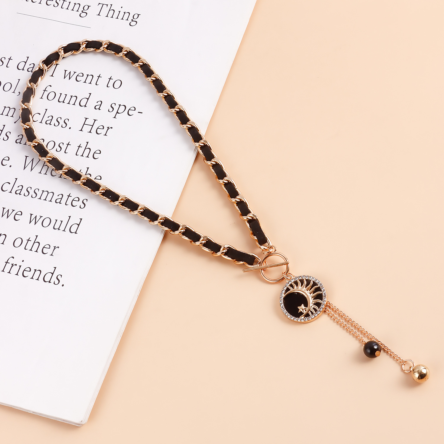 Moon Charms Black Velvet Wrapped Gold Chain Choker & Tassel Necklace