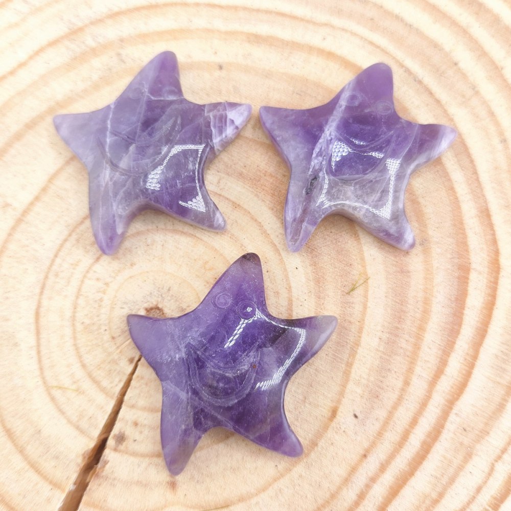 Amethyst 30mm Smiling Starfish Pendant & Ornament for Home Decoration Handmade Craved Stone Solar