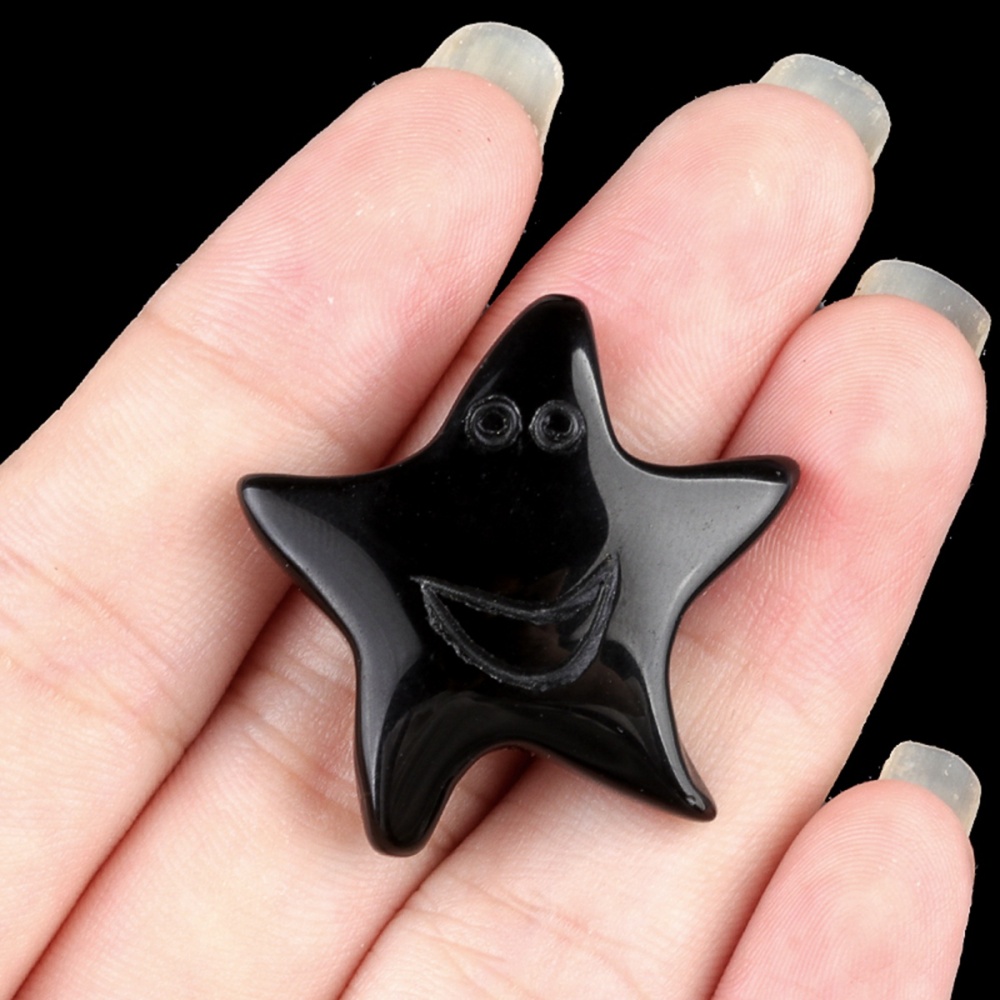 Black Onyx 30mm Smiling Starfish Pendant & Ornament for Home Decoration Handmade Craved Stone Solar
