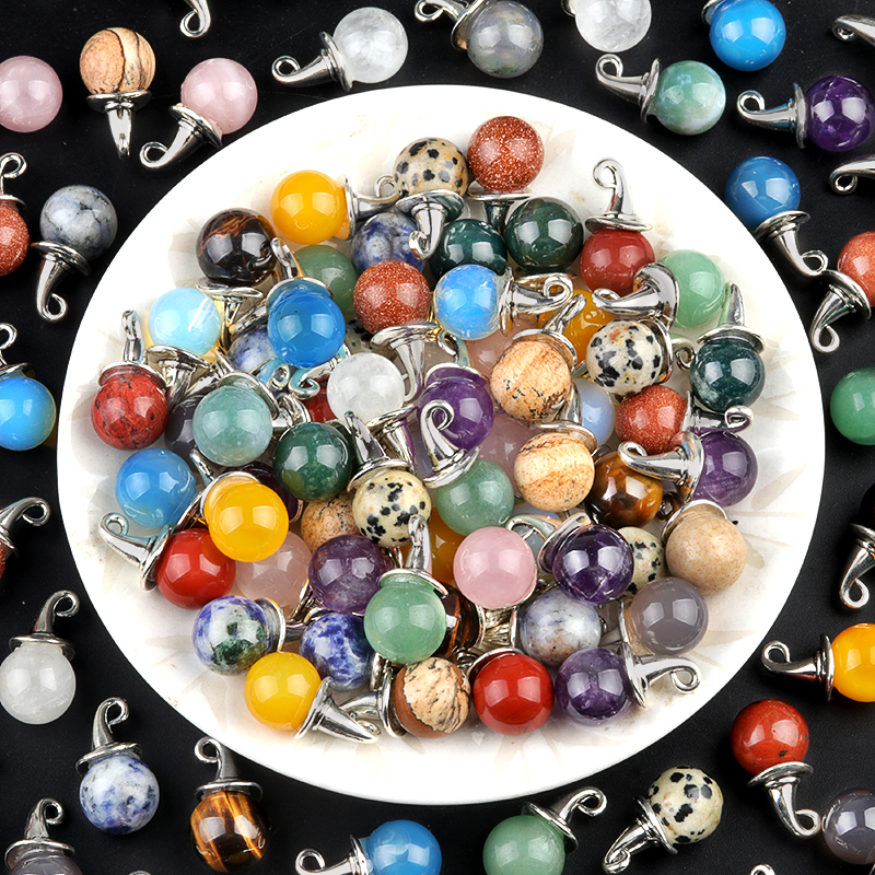 12mm Gemstone Balls Silver Wizard Cap Pendant for Making Jewlery Stone Sphere Beads Halloween Charms