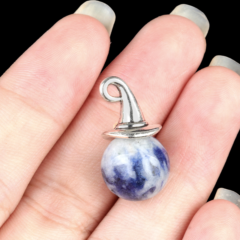 Green Aventurine12mm Gemstone Balls Silver Wizard Cap Pendant for Making Jewlery Stone Sphere Beads Halloween Charms
