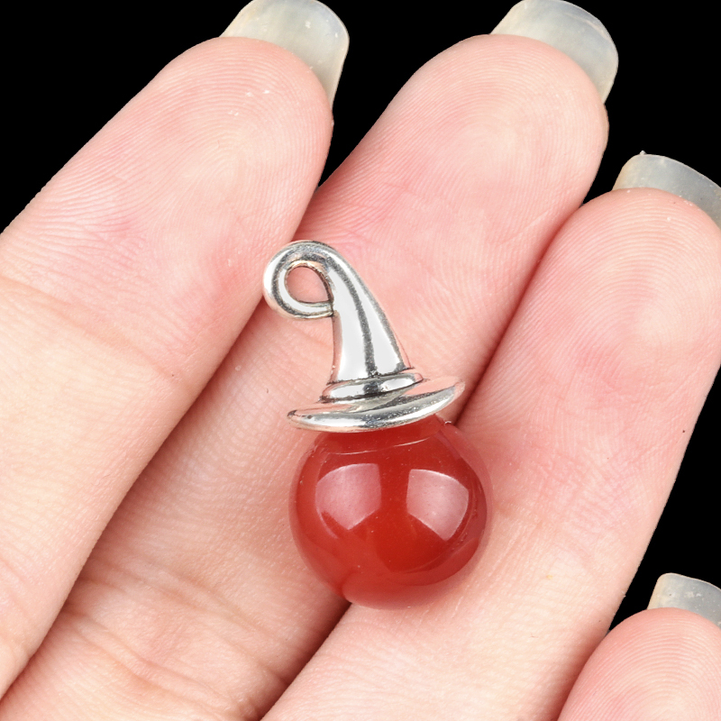 12mm Gemstone Balls Silver Wizard Cap Pendant for Making Jewlery Stone Sphere Beads Halloween Charms