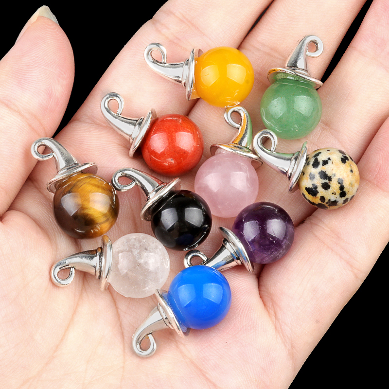 12mm Gemstone Balls Silver Wizard Cap Pendant for Making Jewlery Stone Sphere Beads Halloween Charms