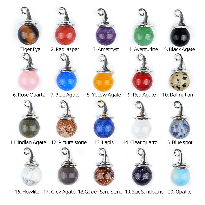 12mm Gemstone Balls Silver Wizard Cap Pendant for Making Jewlery Stone Sphere Beads Halloween Charms