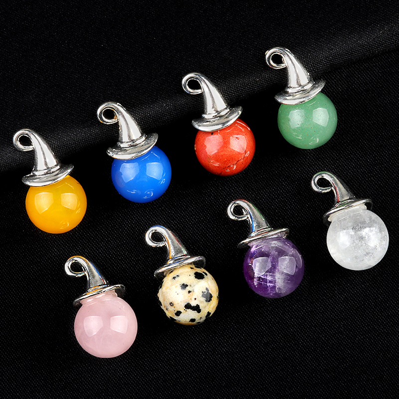 12mm Gemstone Balls Silver Wizard Cap Pendant for Making Jewlery Stone Sphere Beads Halloween Charms