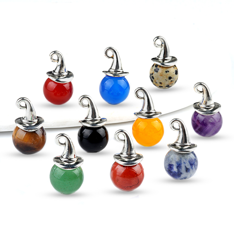 12mm Gemstone Balls Silver Wizard Cap Pendant for Making Jewlery Stone Sphere Beads Halloween Charms