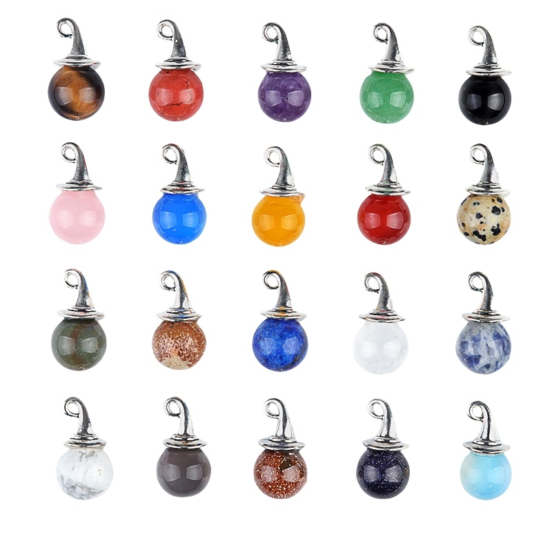 12mm Gemstone Balls Silver Wizard Cap Pendant for Making Jewlery Stone Sphere Beads Halloween Charms
