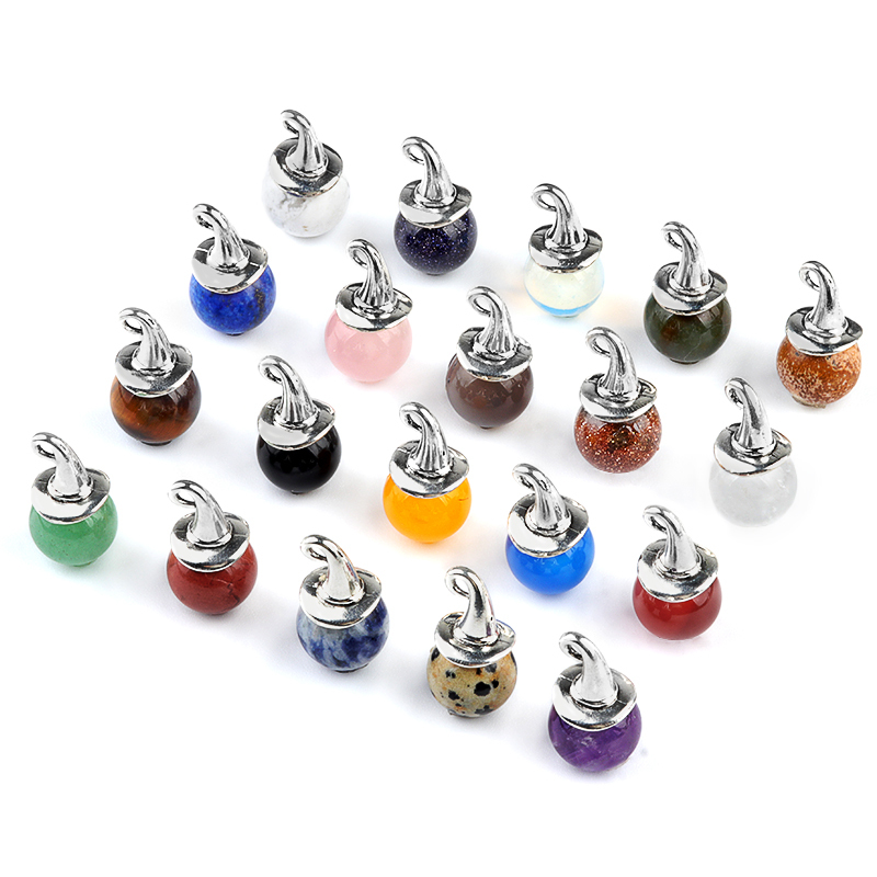 12mm Gemstone Balls Silver Wizard Cap Pendant for Making Jewlery Stone Sphere Beads Halloween Charms