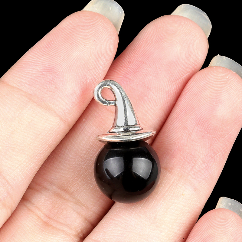 Green Aventurine12mm Gemstone Balls Silver Wizard Cap Pendant for Making Jewlery Stone Sphere Beads Halloween Charms