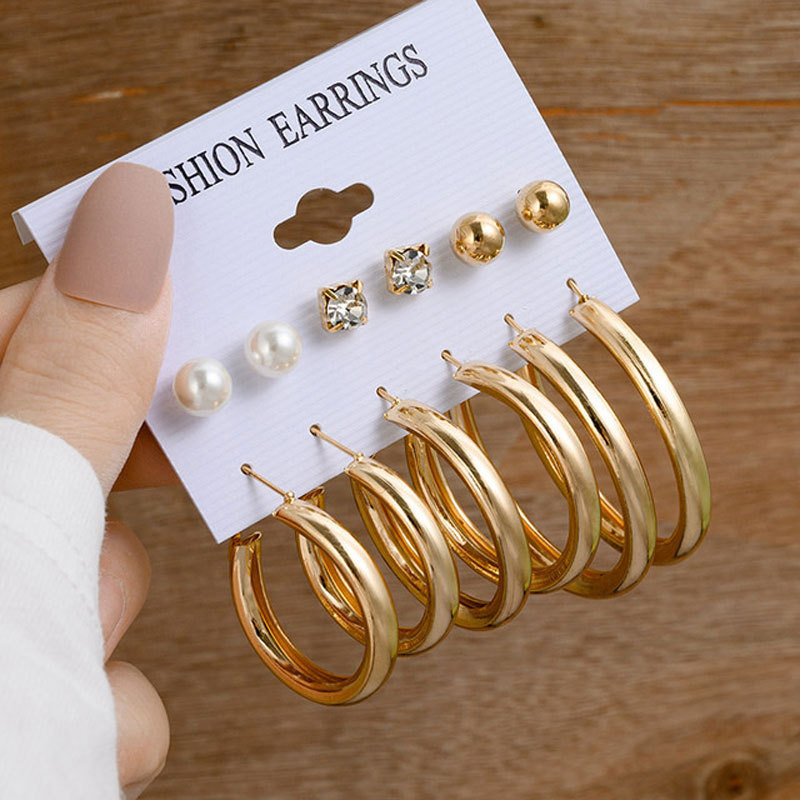 Exaggerated large circle earrings 6 piece stud earring set with pearl and diamond earrings