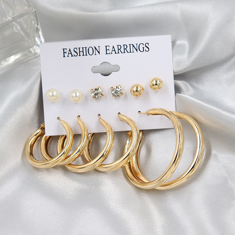 Exaggerated large circle earrings 6 piece stud earring set with pearl and diamond earrings