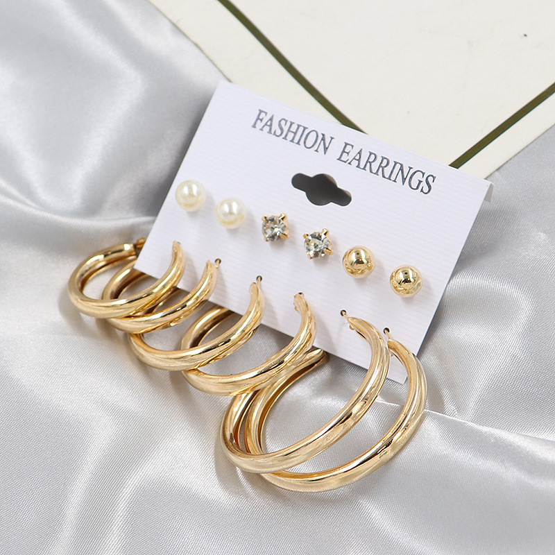 Exaggerated large circle earrings 6 piece stud earring set with pearl and diamond earrings