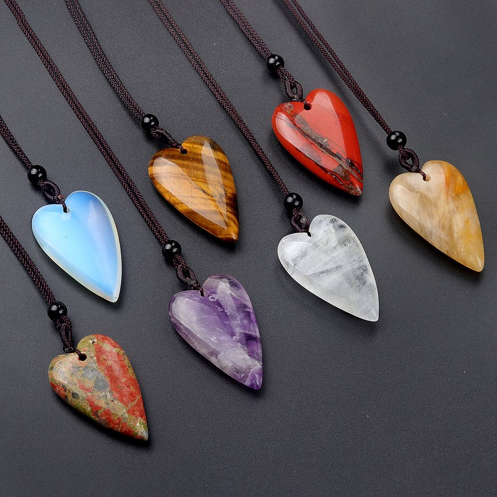 Women Gemstone Heart Pendant Necklace  Adjustable Rope Chain Healing Chakra Crystal Choker Jewelry