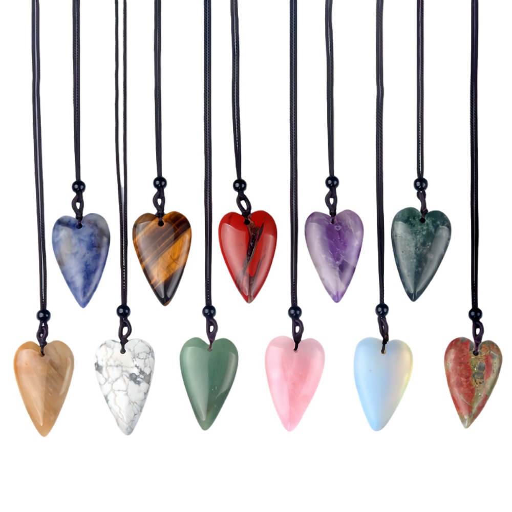 Women Gemstone Heart Pendant Necklace  Adjustable Rope Chain Healing Chakra Crystal Choker Jewelry