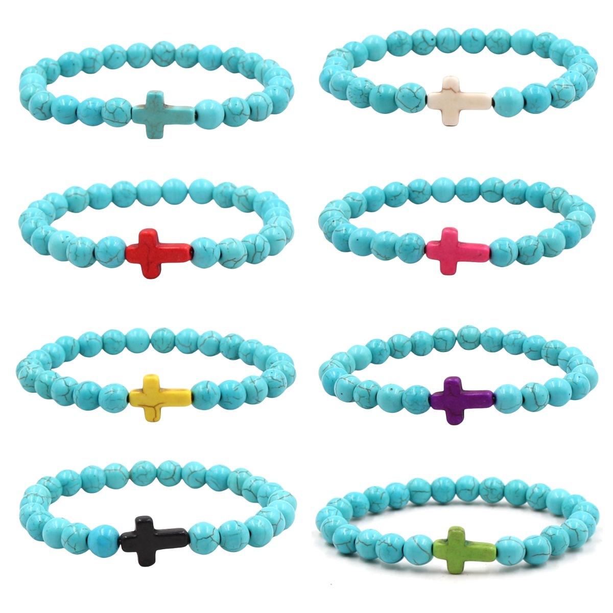 Multi Color Cross Turquoise Stone 8MM Beads Stretch Bracelets