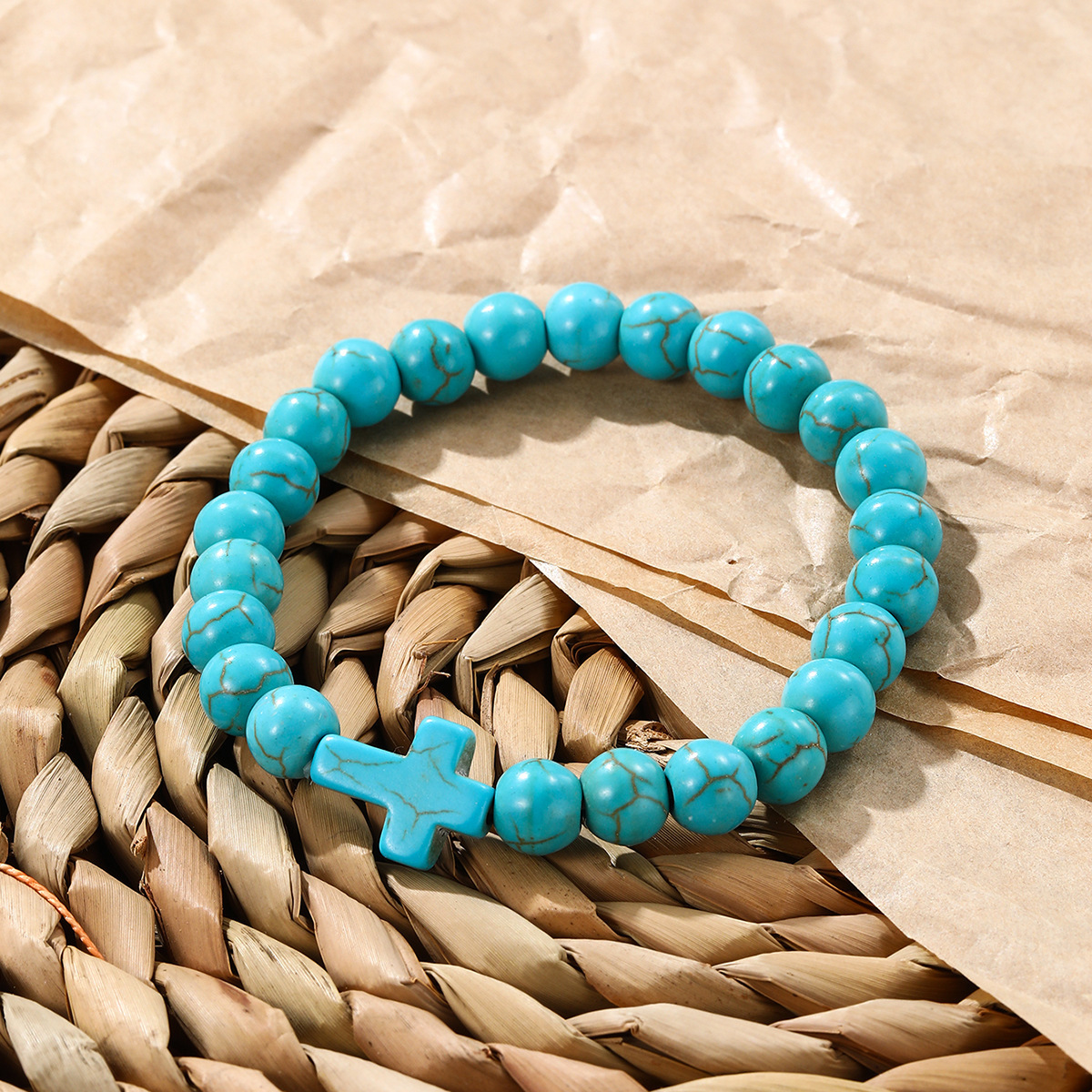 Multi Color Cross Turquoise Stone 8MM Beads Stretch Bracelets