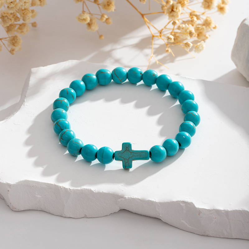 Colorful Turquoise Cross 8MM Stone Beads Stretch Bracelets for Women Men