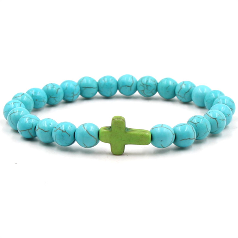 Multi Color Cross Turquoise Stone 8MM Beads Stretch Bracelets