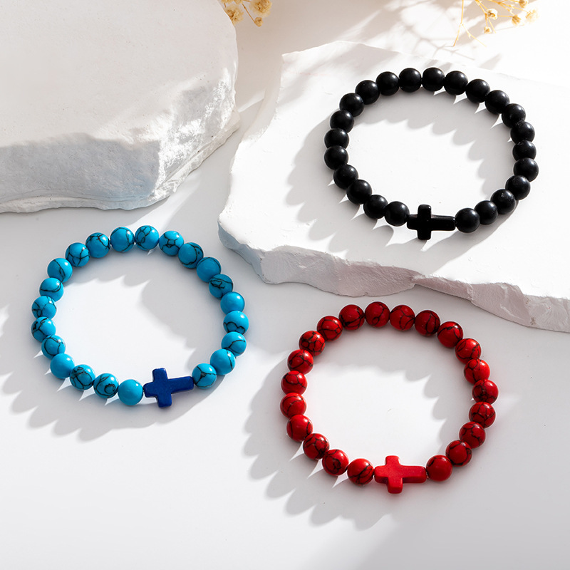 Colorful Turquoise Cross 8MM Stone Beads Stretch Bracelets for Women Men