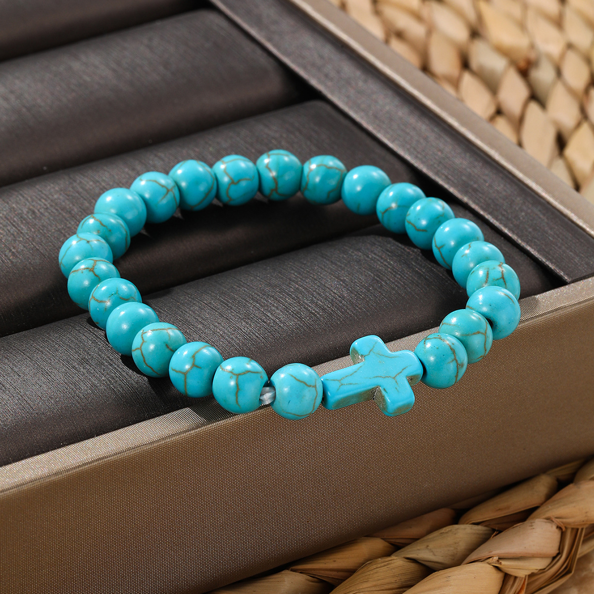 Multi Color Cross Turquoise Stone 8MM Beads Stretch Bracelets