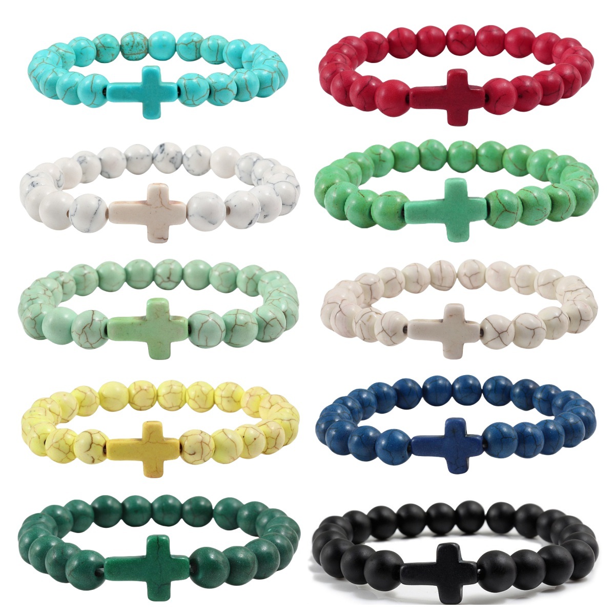 Colorful Turquoise Cross 8MM Stone Beads Stretch Bracelets for Women Men