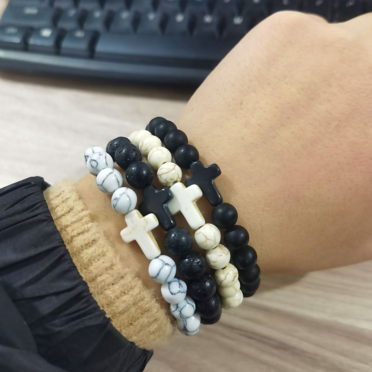Colorful Turquoise Cross 8MM Stone Beads Stretch Bracelets for Women Men