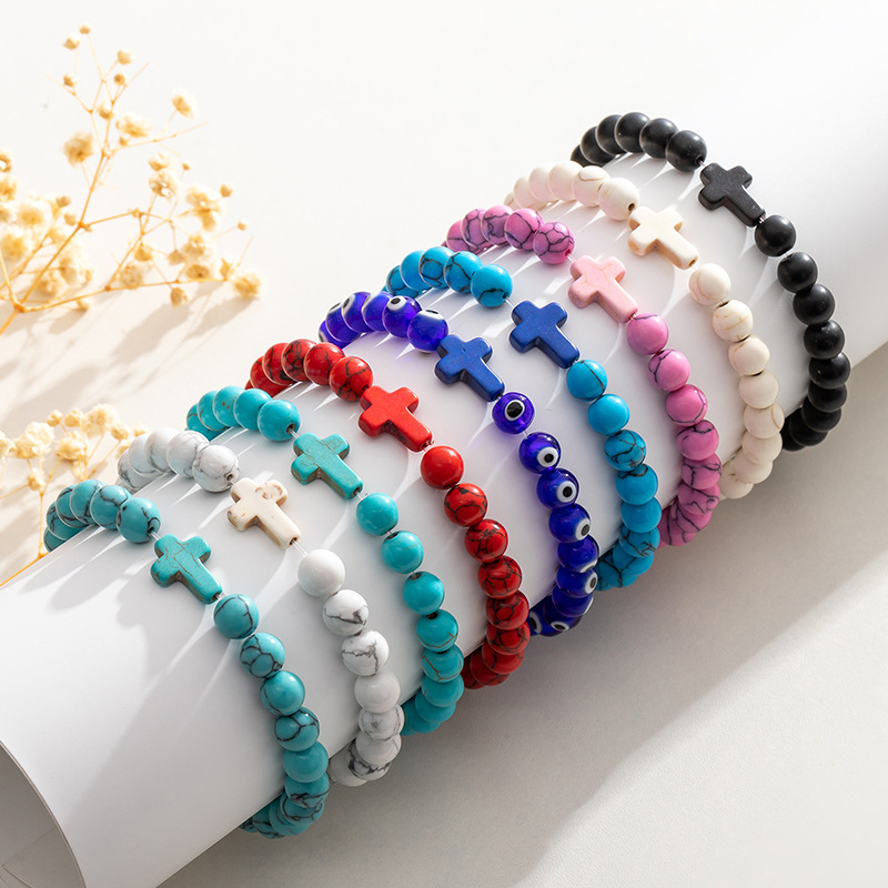 Colorful Turquoise Cross 8MM Stone Beads Stretch Bracelets for Women Men