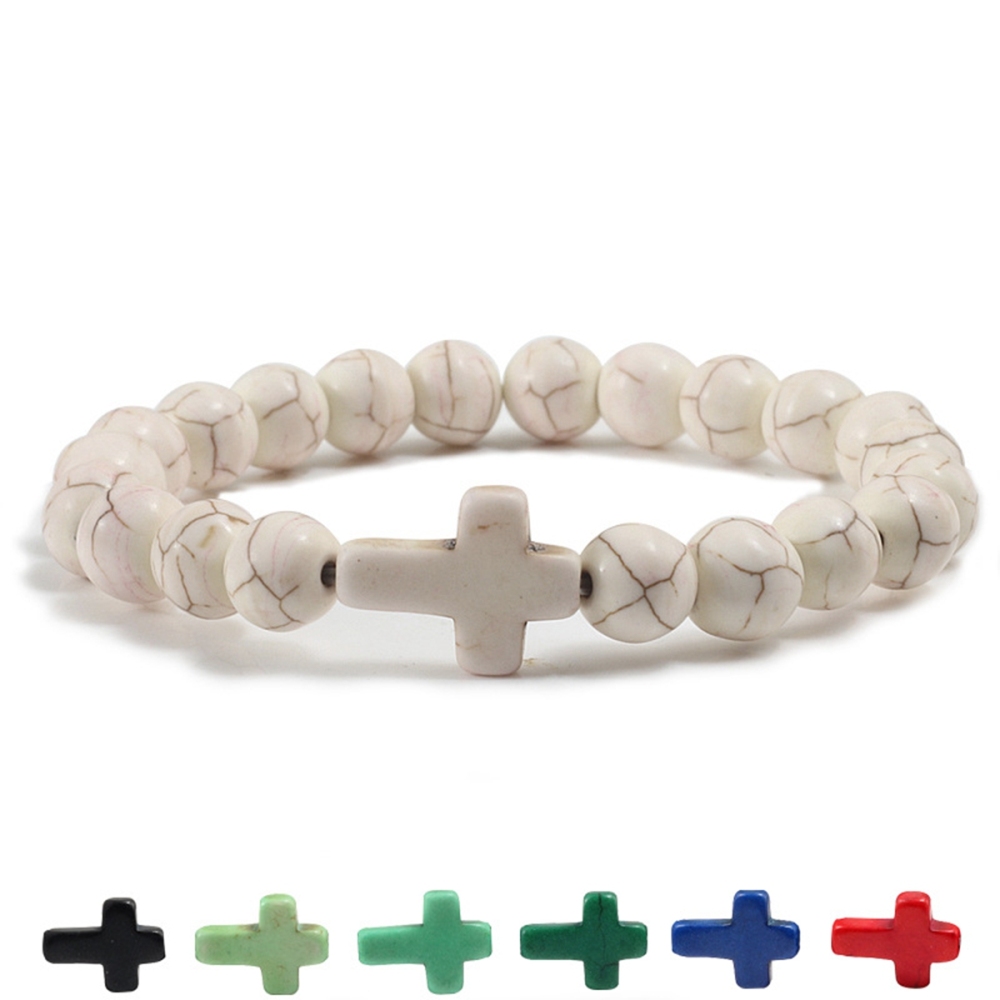 Colorful Turquoise Cross 8MM Stone Beads Stretch Bracelets for Women Men