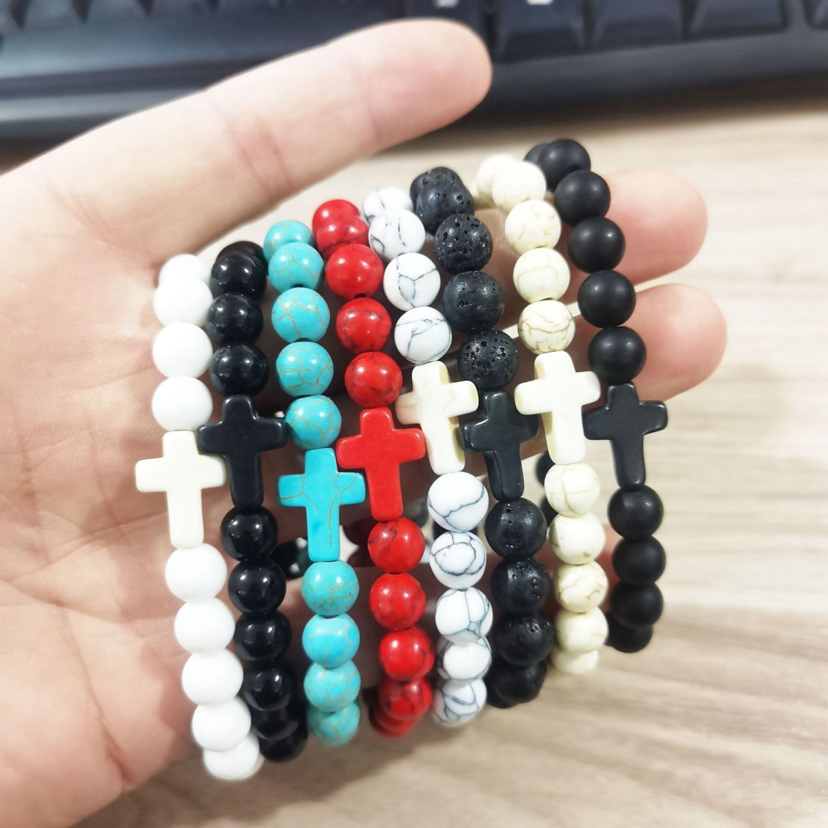 Colorful Turquoise Cross 8MM Stone Beads Stretch Bracelets for Women Men